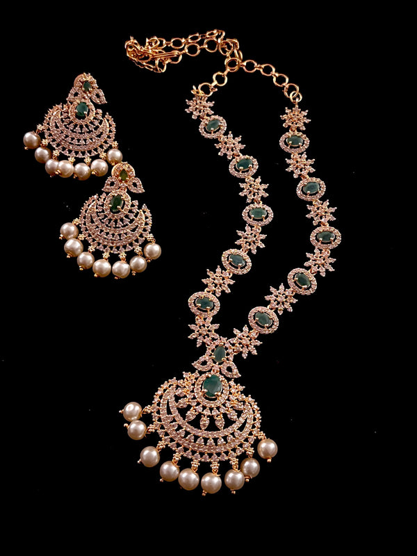Gorgeous Gold Finish Necklace with Stones |  Ethnic Indian Necklace | Emerald Stones, American Diamond  and Pearls | Kaash Collection - Kaash Collection