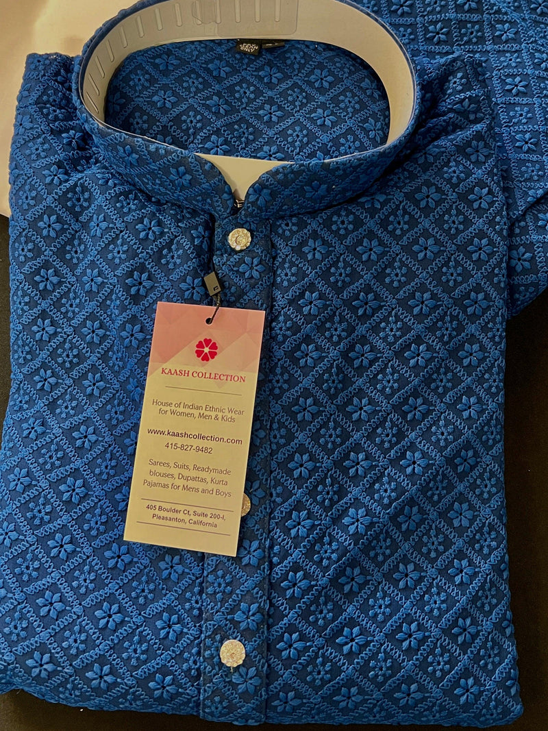 Blue Color Chikankari Lucknowi Georgette Men Kurta Pajama Set with Lining | Chikhenkari Kurtas | Mens Ethnic Wear | Kaash Kurtas - Kaash Collection