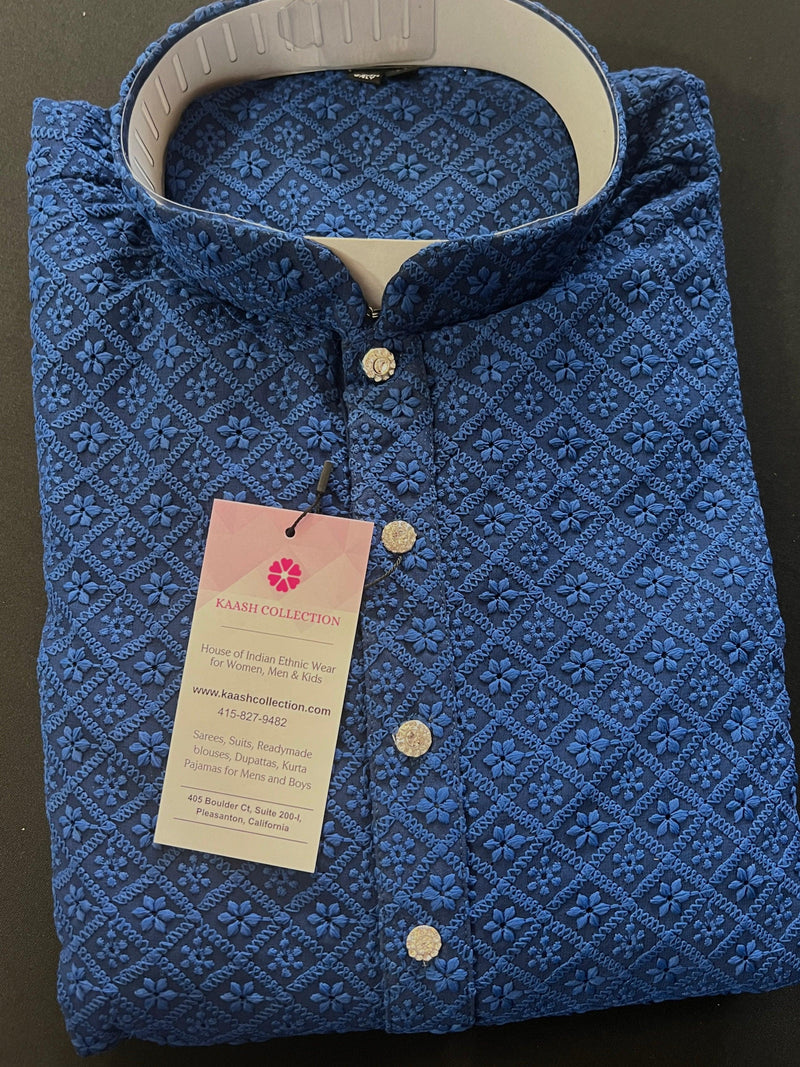 Blue Color Chikankari Lucknowi Georgette Men Kurta Pajama Set with Lining | Chikhenkari Kurtas | Mens Ethnic Wear | Kaash Kurtas - Kaash Collection