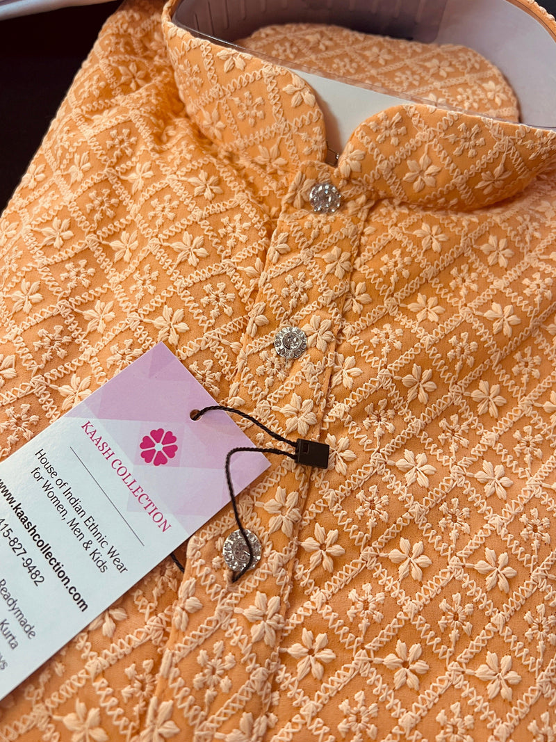 Peach Color Chikankari Lucknowi Georgette Men Kurta Pajama Set with Lining | Chikhenkari Kurtas | Mens Ethnic Wear | Kaash Kurtas - Kaash Collection
