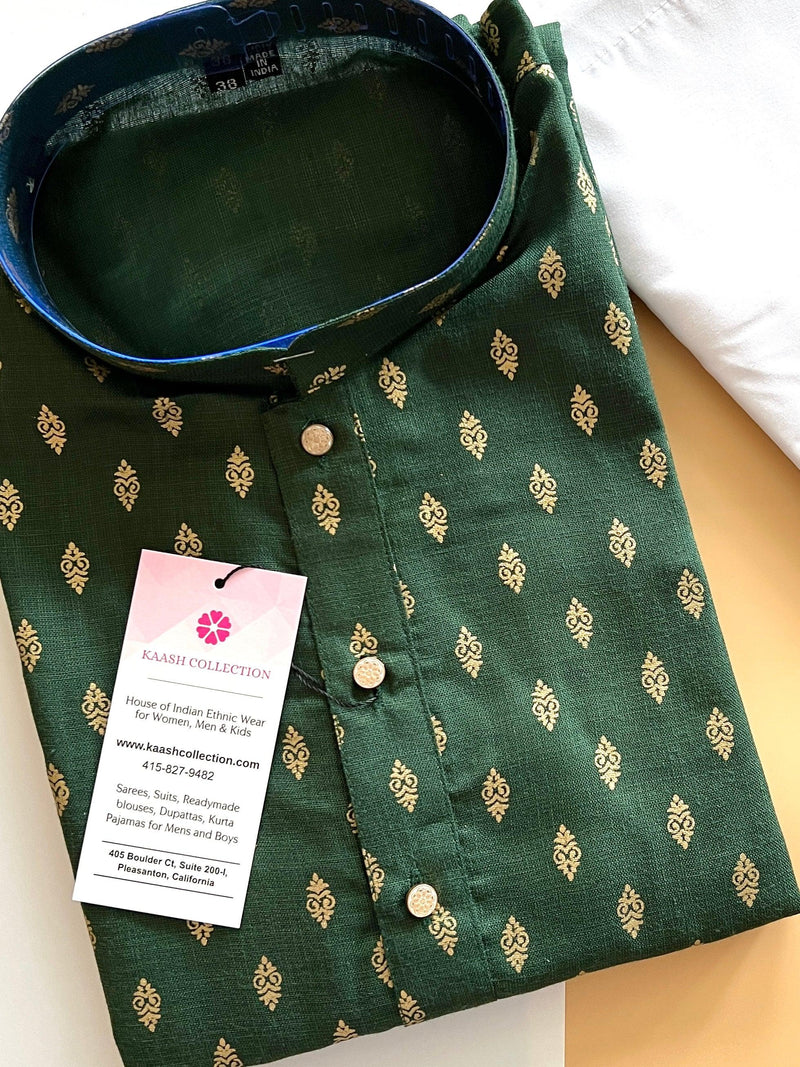 Green Color Premium Pure Cotton Kurta Pajama Set for Men with small Self design Buttis | Cotton Men Kurtas | Ships from California - Kaash Collection