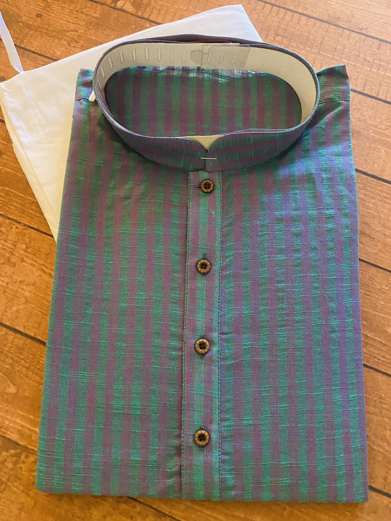 Green Strips in Light Purple Mens Cotton Kurta Pajama Set Mens Ethnic Wear | Indian Pakistani Kurta Pajama Set | Kaash Collection - Kaash Collection