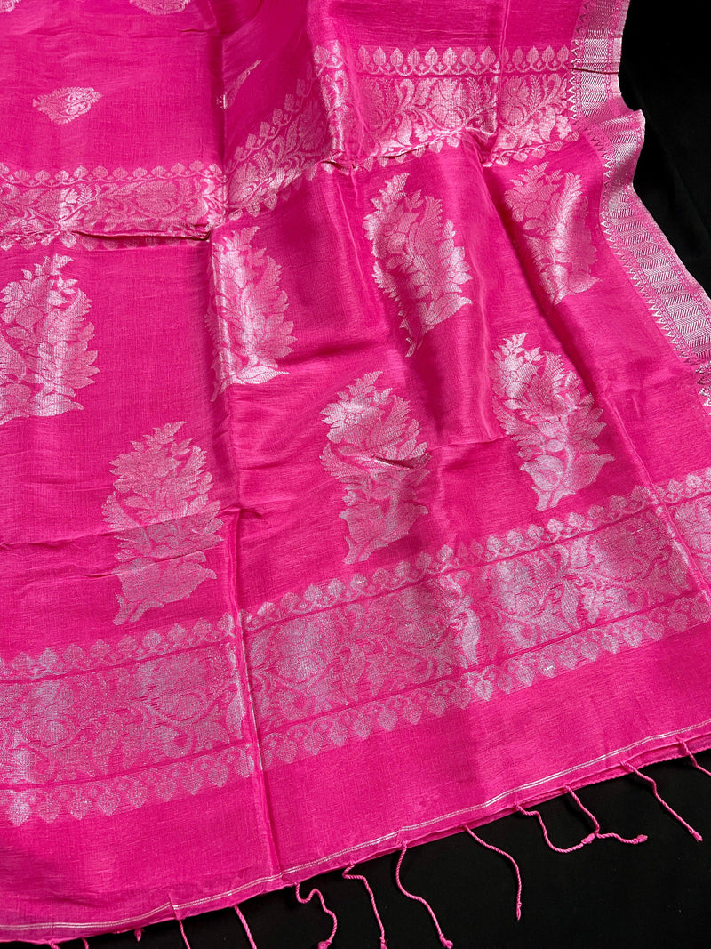 Pink Color Linen blend with Cotton Silk Handloom Saree  with Sliver Zari Work - Kaash Collection