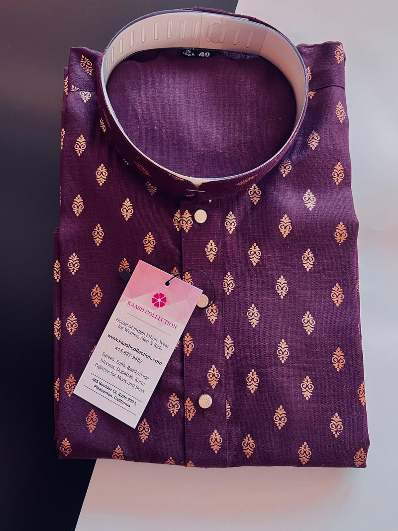 Eggplant Color Premium Pure Cotton Kurta Pajama Set for Men with small Self design Buttis | Cotton Men Kurtas | Ships from California - Kaash Collection
