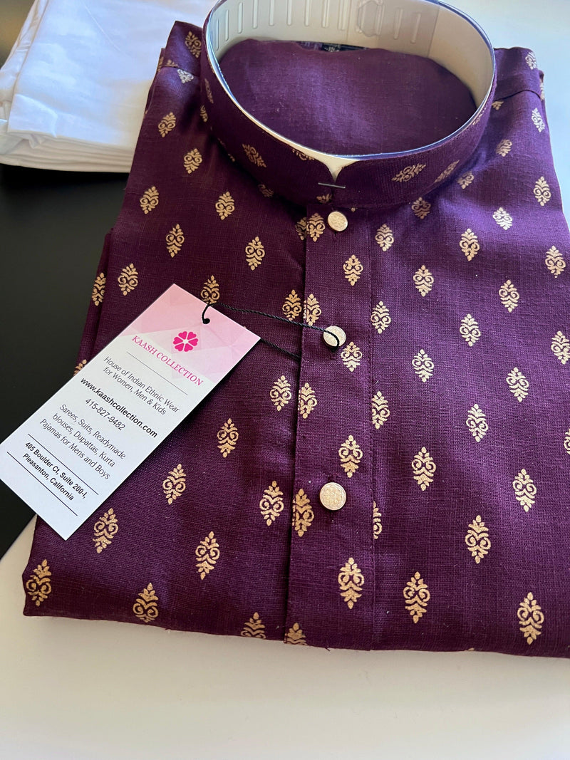 Eggplant Color Premium Pure Cotton Kurta Pajama Set for Men with small Self design Buttis | Cotton Men Kurtas | Ships from California - Kaash Collection