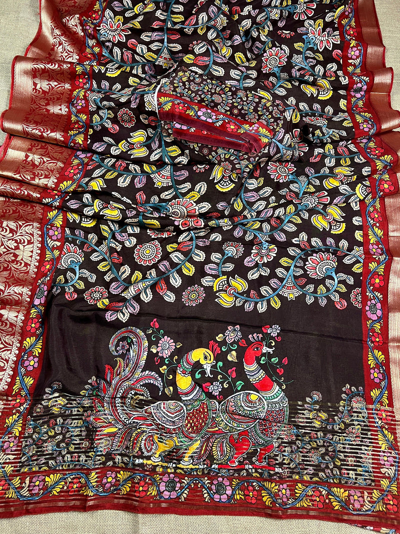Brown color Pure Chanderi Kalamakari Printed Saree with Banarasi Borders | Kalamkari Prints | Gift For Her | Kaash Collection - Kaash Collection