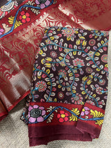 Brown color Pure Chanderi Kalamakari Printed Saree with Banarasi Borders | Kalamkari Prints | Gift For Her | Kaash Collection - Kaash Collection