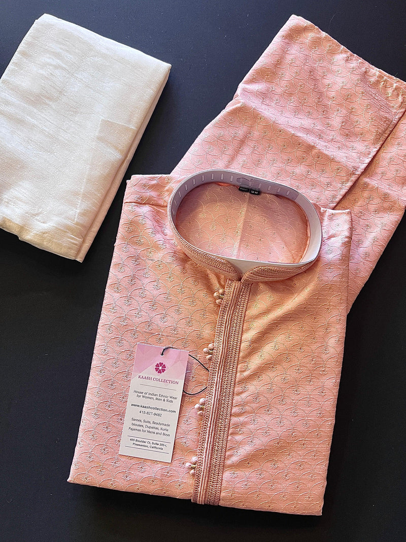 Tea Pink Silk Men Kurta Pajama with Weave Design Embroidered Pattern with Lining | Mens Ethnic Wear | Wedding Wear Kurta | Kaash Collection - Kaash Collection