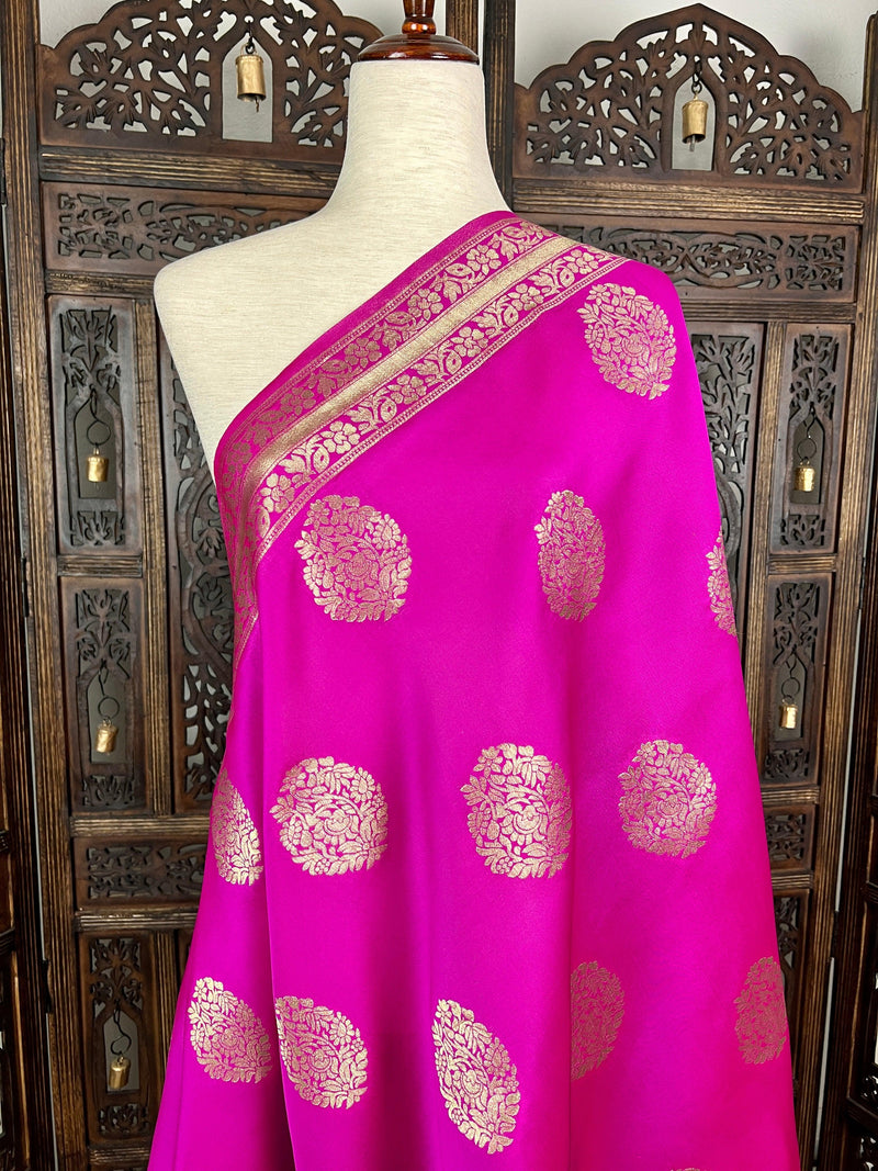 Hot Pink Silk Dupatta with Gold Zari Weaving - Kaash Collection