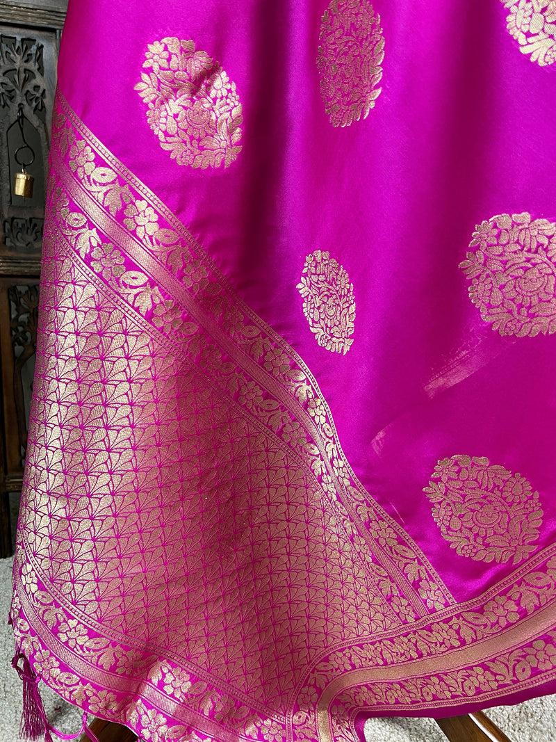 Hot Pink Silk Dupatta with Gold Zari Weaving - Kaash Collection