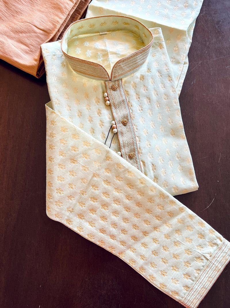 Pastel Mint Green Color Banarasi Silk Kurta Pajama for Men with small Zari buttis Weaving - Kaash Collection