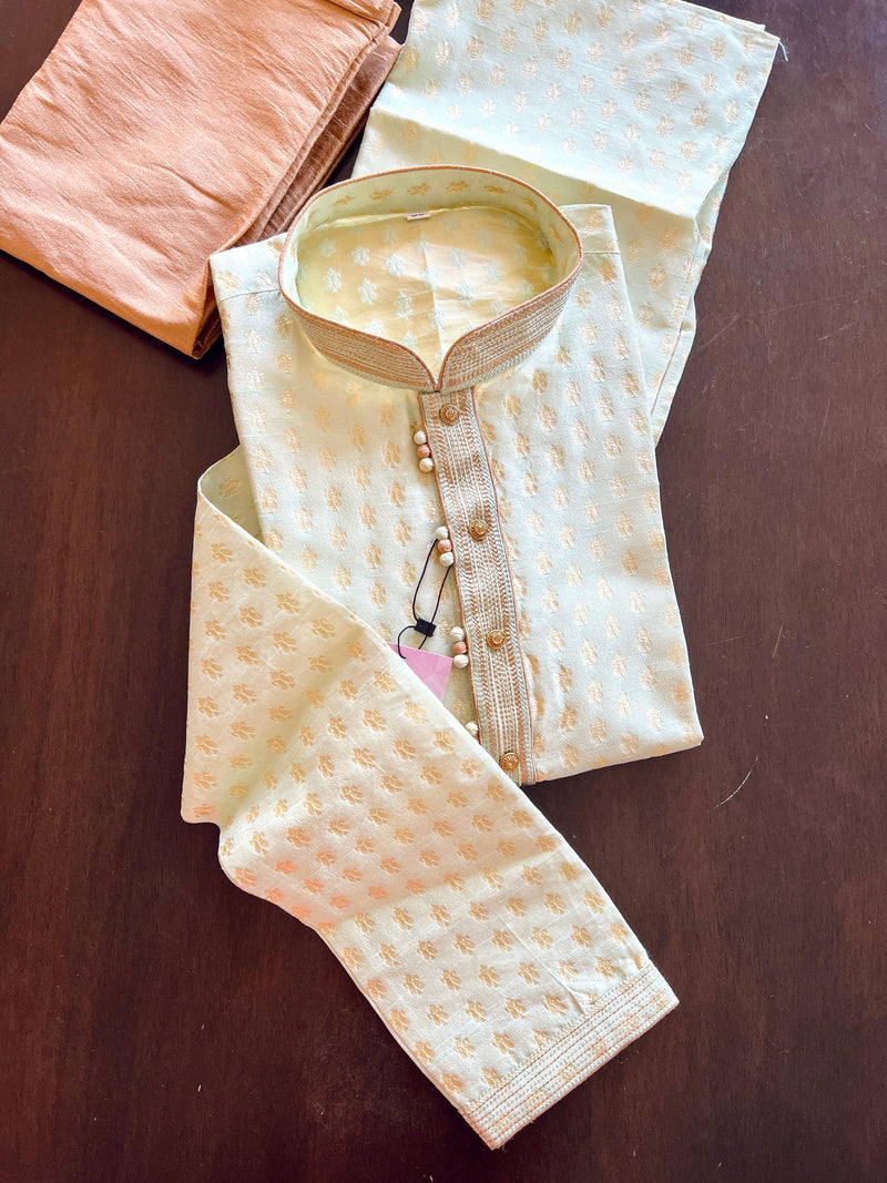 Pastel Mint Green Color Banarasi Silk Kurta Pajama for Men with small Zari buttis Weaving - Kaash Collection