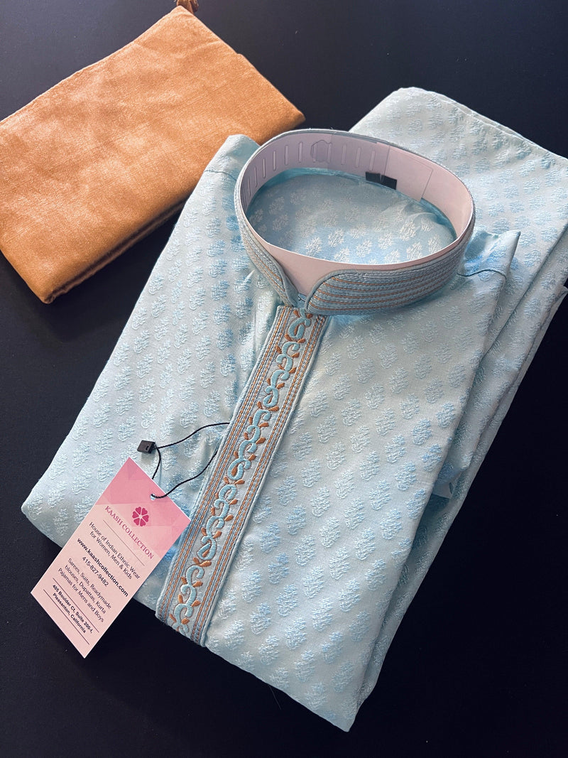 Sky Blue color Raw Silk Men Kurta Pajama Set with embroidery neckline | Mens Ethnic Wear| Indian and Pakistani Mens Wear | Kaash Collection - Kaash Collection