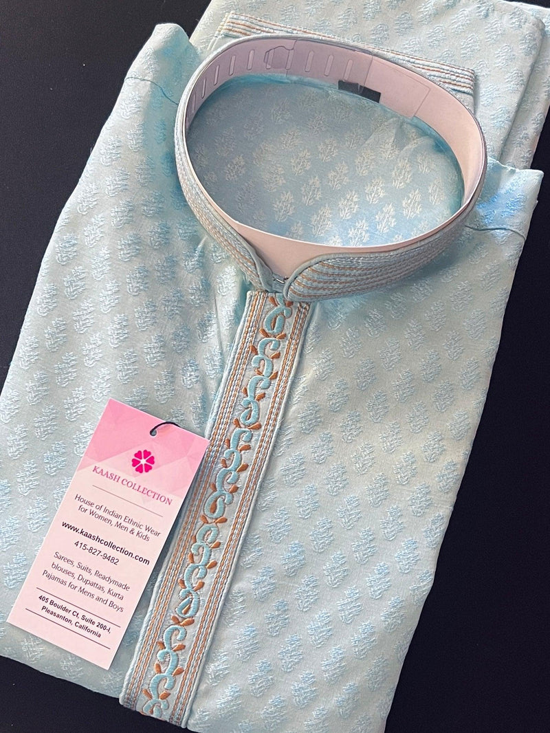 Sky Blue color Raw Silk Men Kurta Pajama Set with embroidery neckline | Mens Ethnic Wear| Indian and Pakistani Mens Wear | Kaash Collection - Kaash Collection