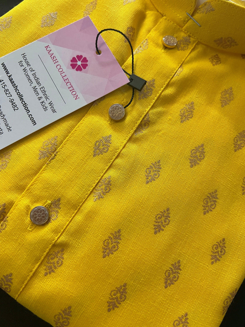 Yellow Color Premium Cotton Kurta Pajama Set for Men with small Self design Buttis | Cotton Men Kurtas | Ships from California | Haldi Kurta - Kaash Collection