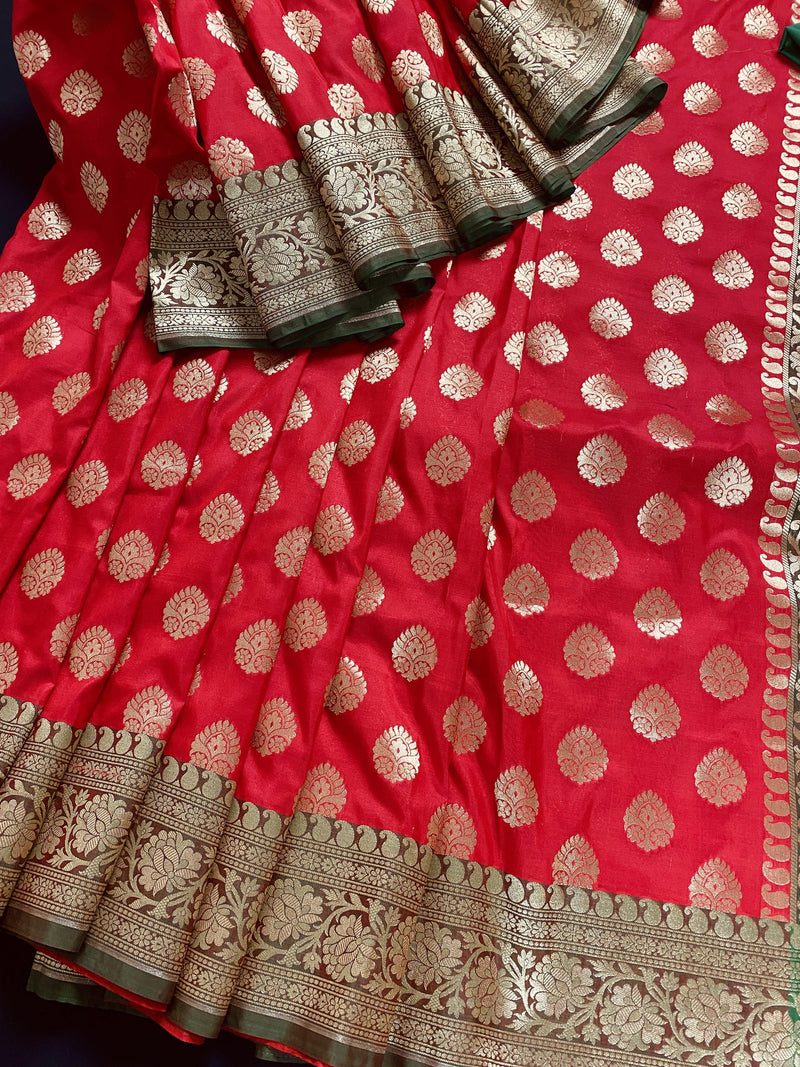 Red with Green combination Traditional Banarasi Handloom Saree in Banarasi Silk | Banarasi Silk Saree | Kaash Collection - Kaash Collection