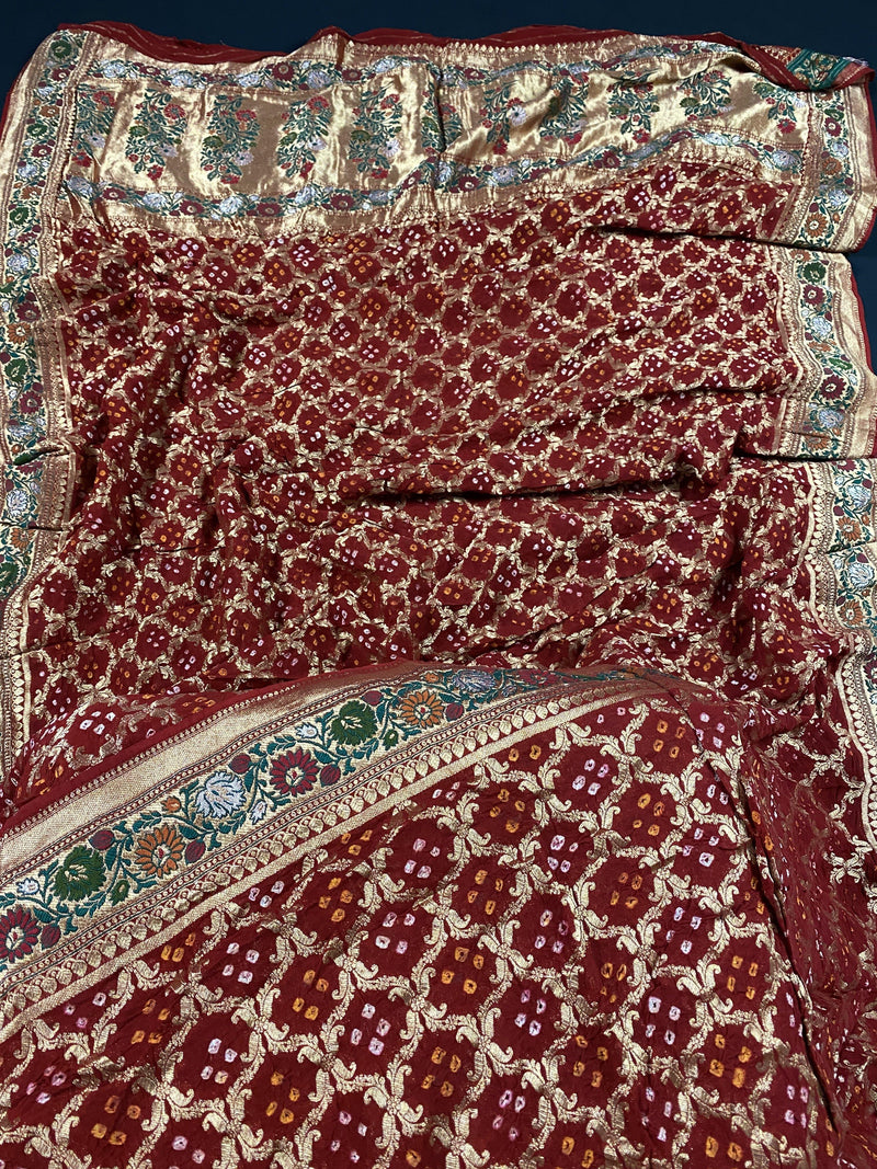 Brick Red Pure Khaddi Georgette Bandhej Banarasi Silk Saree | Meenkari Work | SILK MARK CERTIFIED | Kaash Collection - Kaash Collection