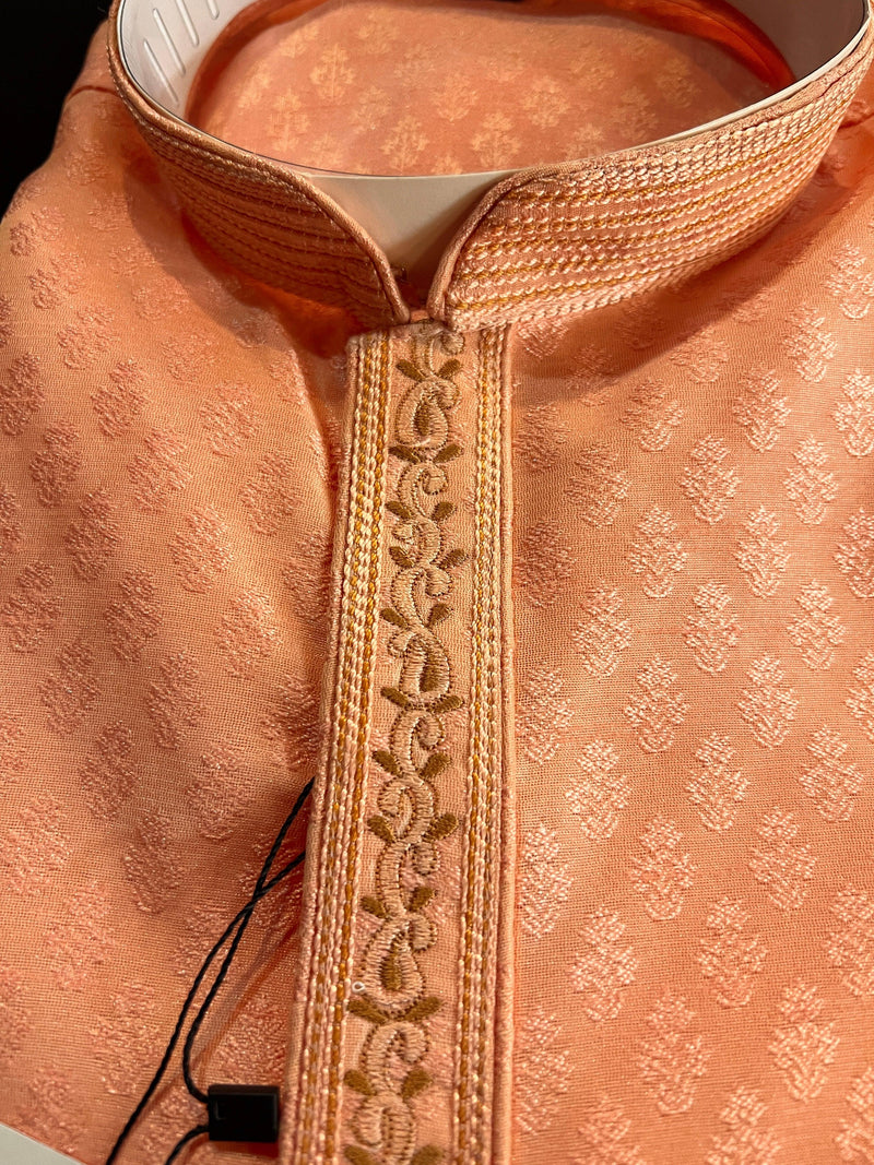 Peach Color Raw Silk Men Kurta Pajama Set with embroidery neckline | Mens Ethnic Wear| Indian and Pakistani Mens Wear | Kurta Pajama Sets - Kaash Collection