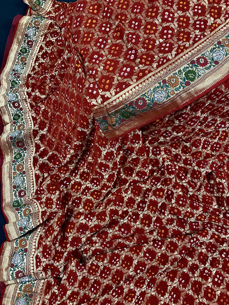Brick Red Pure Khaddi Georgette Bandhej Banarasi Silk Saree | Meenkari Work | SILK MARK CERTIFIED | Kaash Collection - Kaash Collection