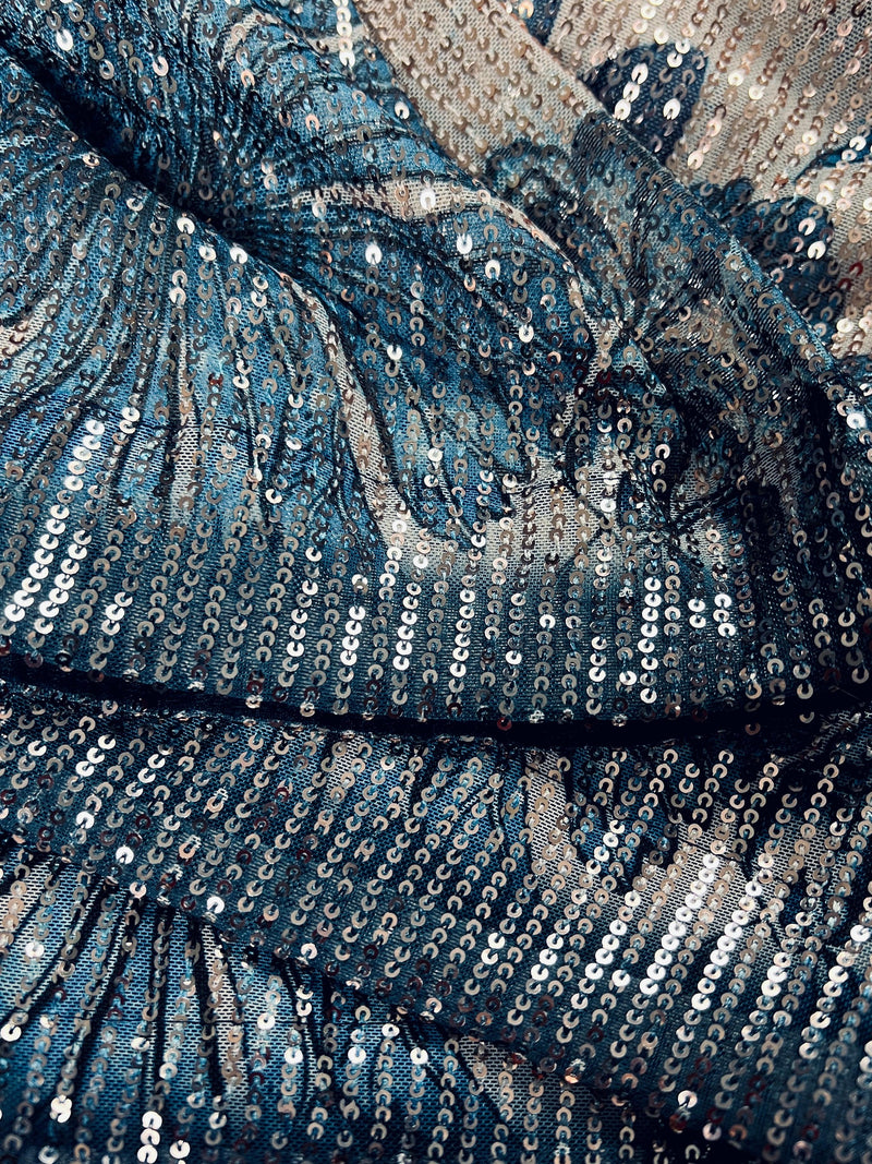 Statement Digital Printed Sequin Work Saree in Pearl White with Teal Blue and Midnight Blue Colors | Peacock, Floral and Birds Motifs - Kaash Collection