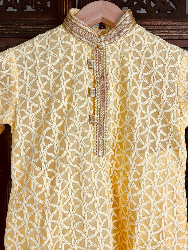 Yellow Color Kurta Pajama for Boys in Georgette material with Lucknowi Chikankari Work - Kaash Collection