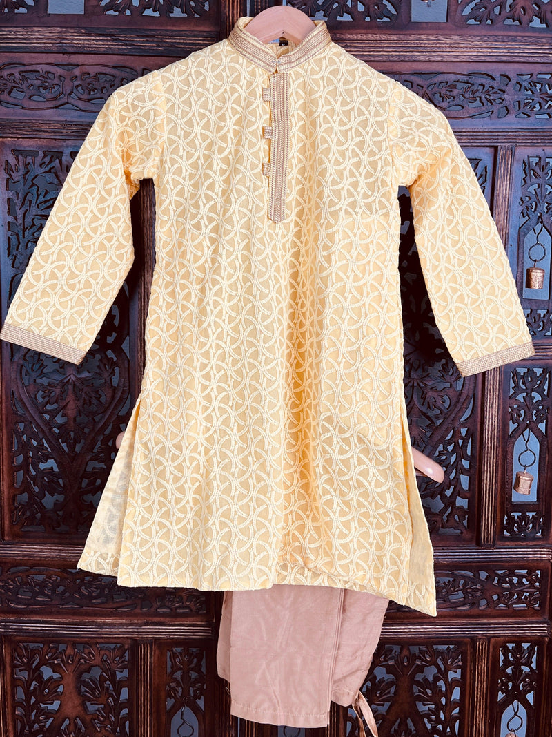 Yellow Color Kurta Pajama for Boys in Georgette material with Lucknowi Chikankari Work - Kaash Collection