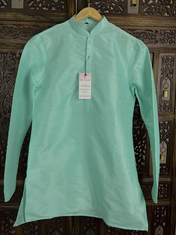 Sea Green Color Raw Silk Indian Men Short Kurta - Kaash Collection