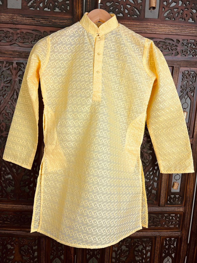Yellow Color Cotton Kurta Pajama Set for Boys with Lucknowi Chikankari Work - Kaash Collection