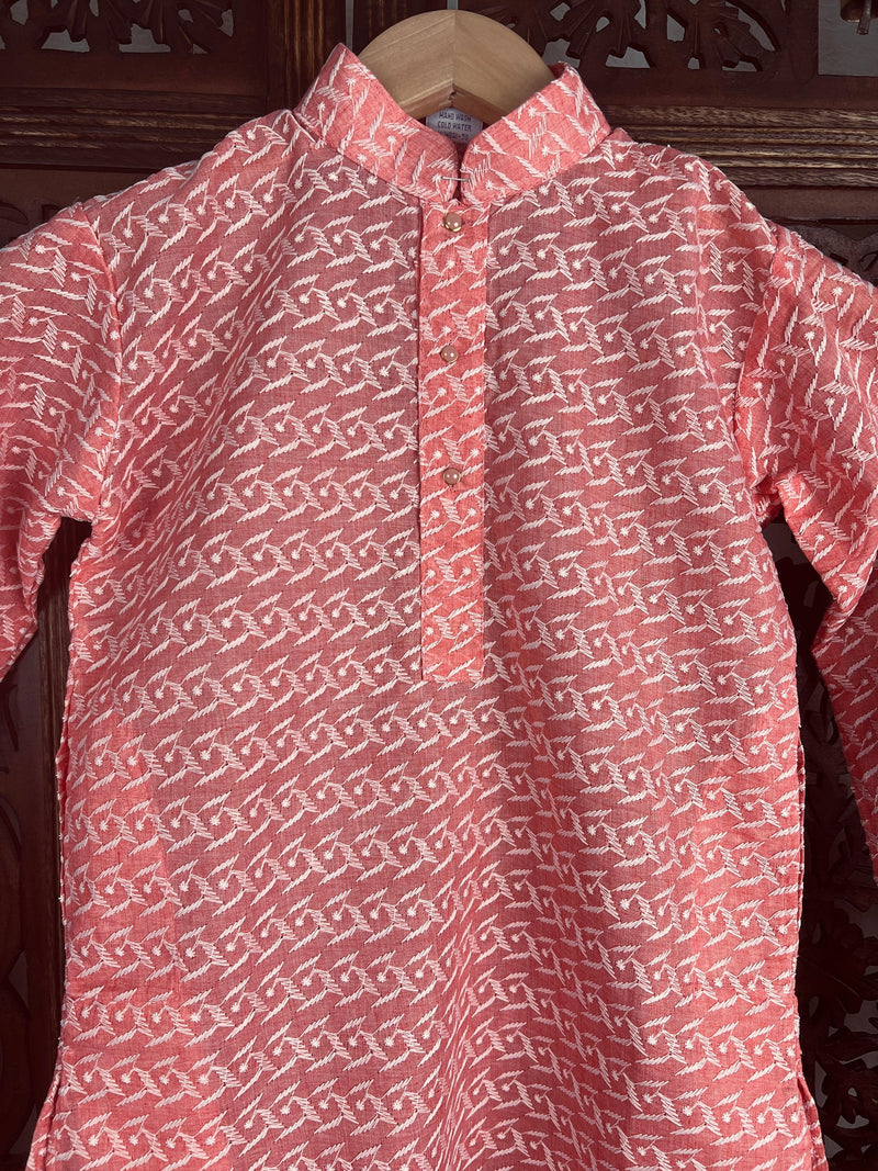 Peach Color Cotton Kurta Pajama Set for Boys with Lucknowi Chikankari Work - Kaash Collection