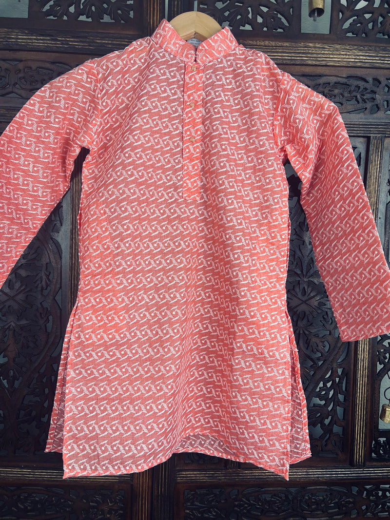 Peach Color Cotton Kurta Pajama Set for Boys with Lucknowi Chikankari Work - Kaash Collection