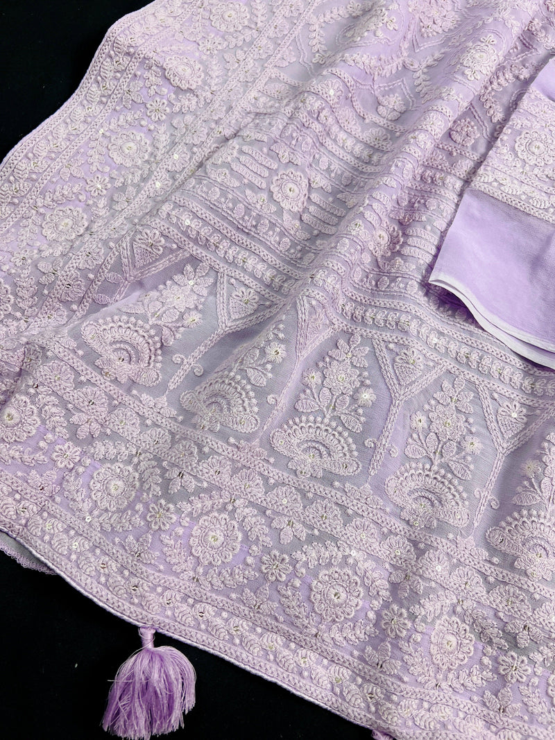 Lavender Color Pure Georgette Saree with Chikankari and Sequin Work| Lavender Color Saree | Chikankari Sarees | Kaash Collection - Kaash Collection