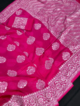 Hot Pink Color Pure Khaddi Georgette Banarasi Silk Saree with Sliver Zari Weaving | Wedding Sarees | SILK MARK CERTIFIED | Kaash Collection - Kaash Collection