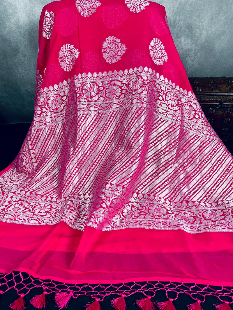 Hot Pink Color Pure Khaddi Georgette Banarasi Silk Saree with Sliver Zari Weaving | Wedding Sarees | SILK MARK CERTIFIED | Kaash Collection - Kaash Collection