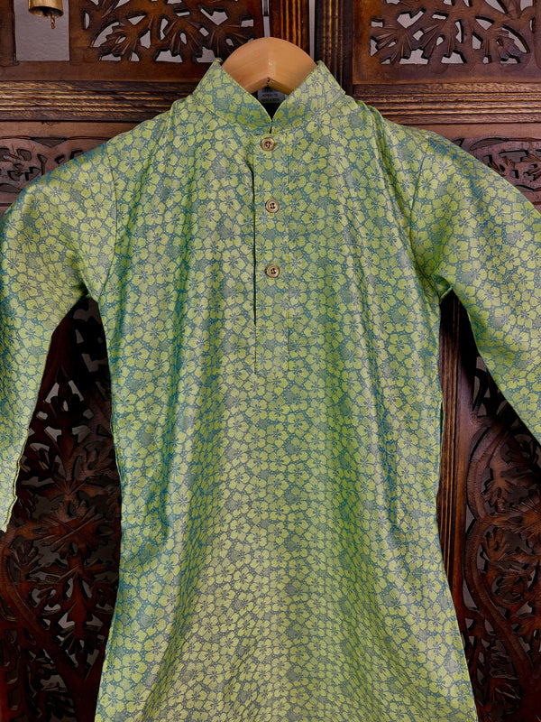 Boys Soft Silk Light Parrot Green Kurta Pajama in Floral Design with White Cotton Churidar Pajama - Kaash Collection