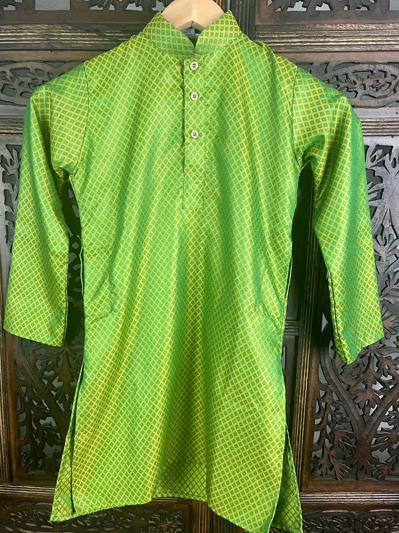 Boys Soft Silk Mehndi Green Green Kurta with White Cotton Churidar Pajama - Kaash Collection