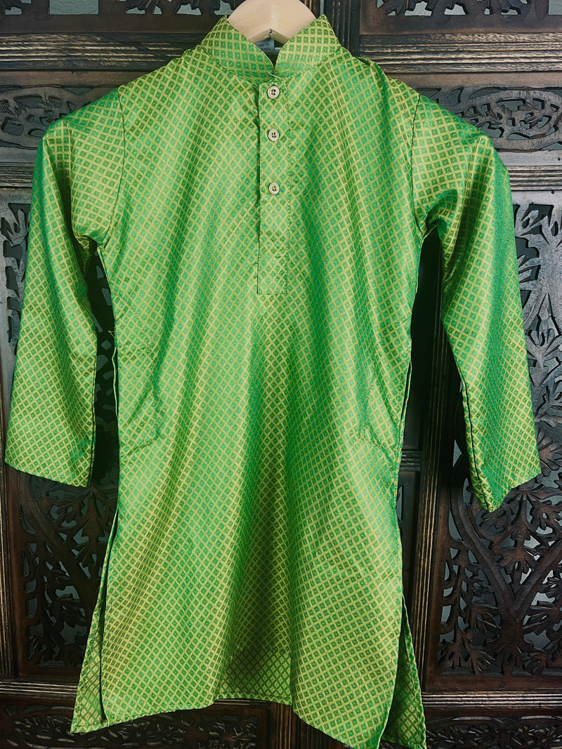 Boys Soft Silk Mehndi Green Green Kurta with White Cotton Churidar Pajama - Kaash Collection