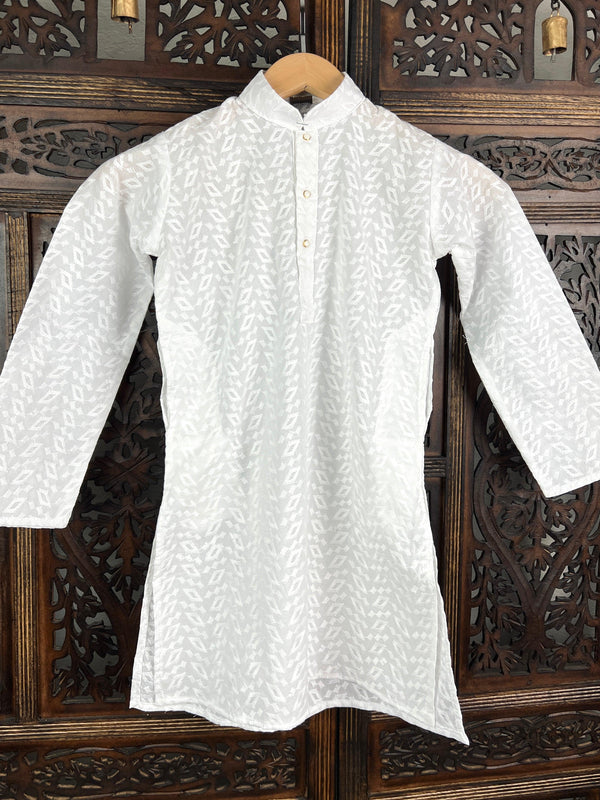 White Cotton Lucknowi Chikankari Kurta Pajama for Boys - Kaash Collection