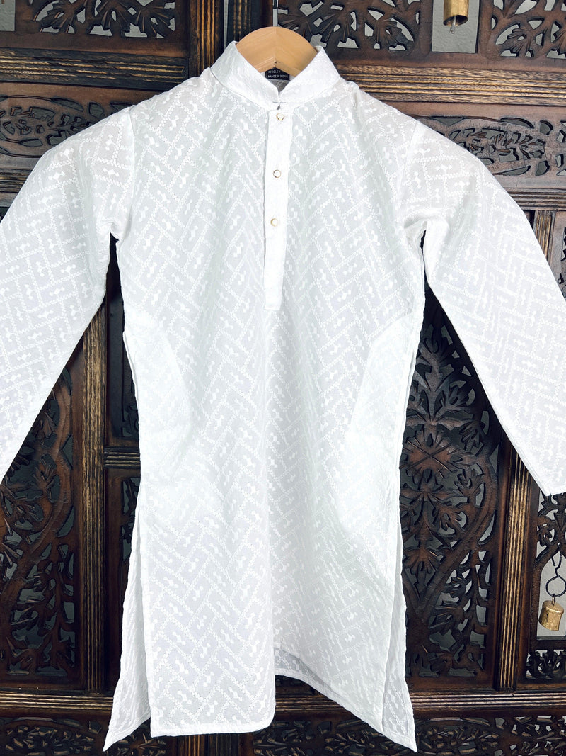 Boys White Lucknowi Chikankari Kurta Pajama for Boys | Pure Cotton - Kaash Collection