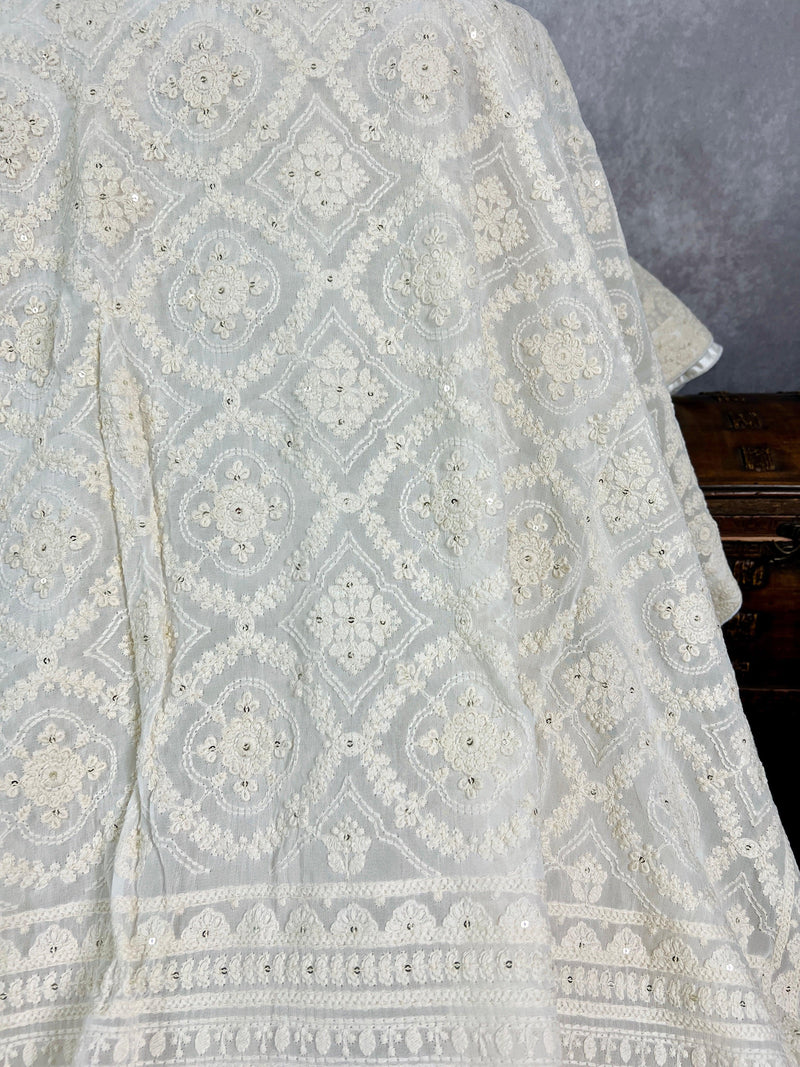 White Color Pure Georgette Saree with Chikankari and Sequin Work| Lavender Color Saree | Chikankari Sarees  | Kaash Collection - Kaash Collection