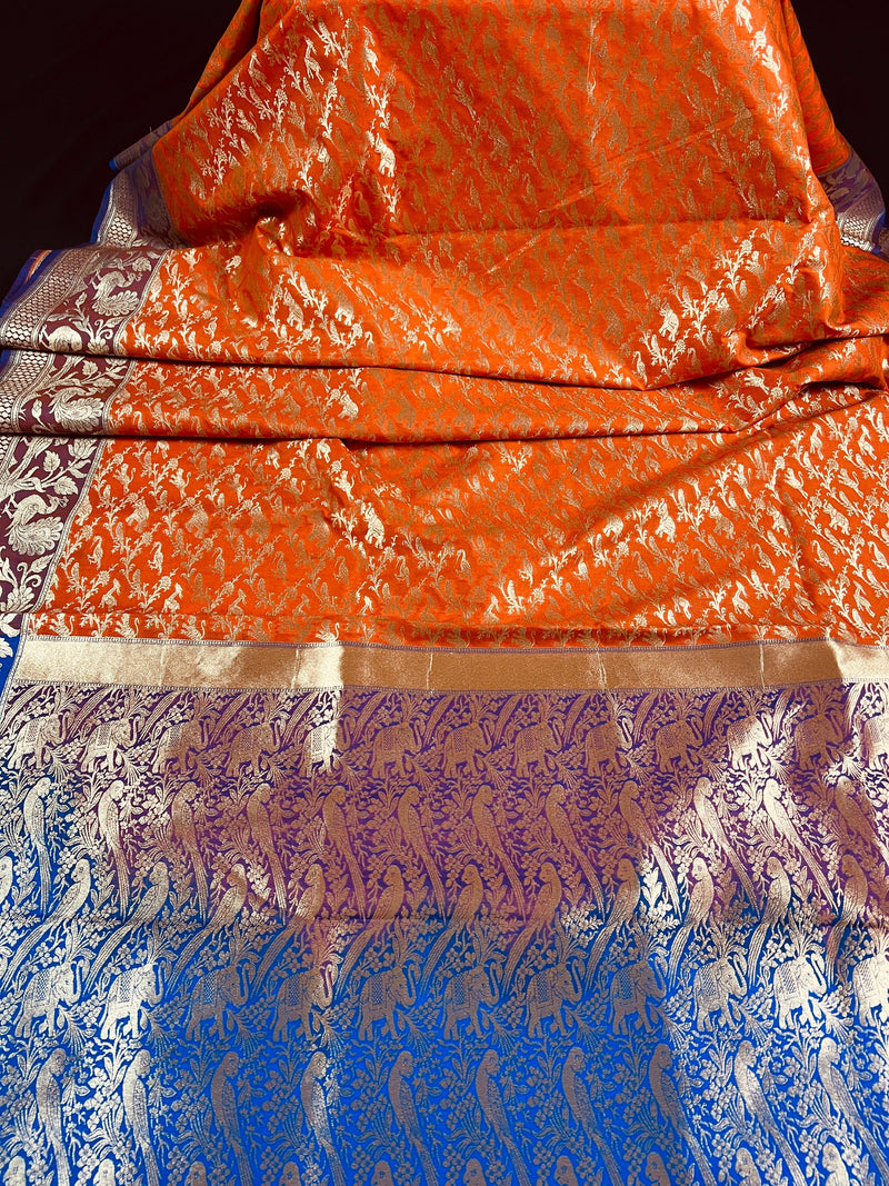 Orange with Purple and Blue Color combination Banarasi Silk Shikargah Saree - Kaash Collection