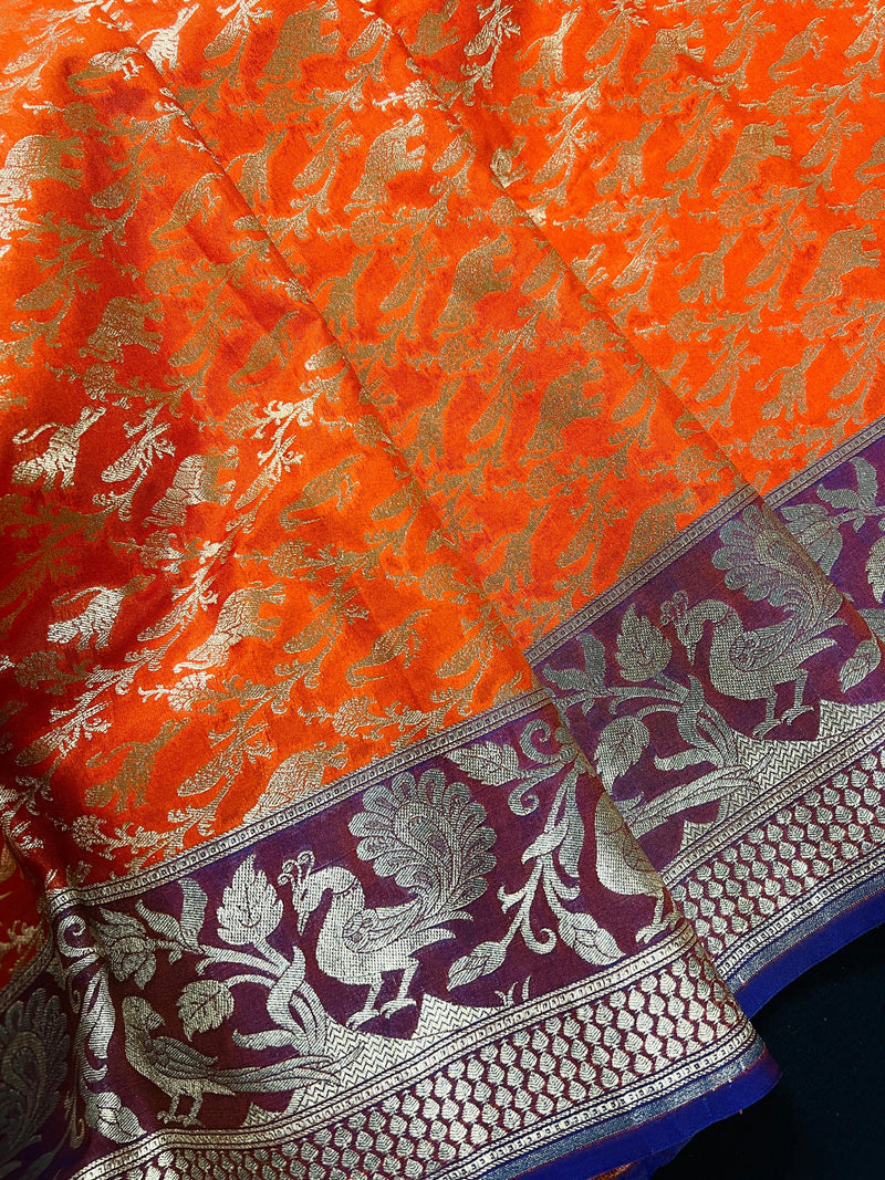 Orange with Purple and Blue Color combination Banarasi Silk Shikargah Saree - Kaash Collection