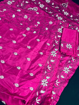 Magenta Pink color Bangalori Silk Saree with Hand Kantha Stitch | Handwoven Kantha Stitch Sarees | Kantha Saress | Embroidered Sarees - Kaash Collection