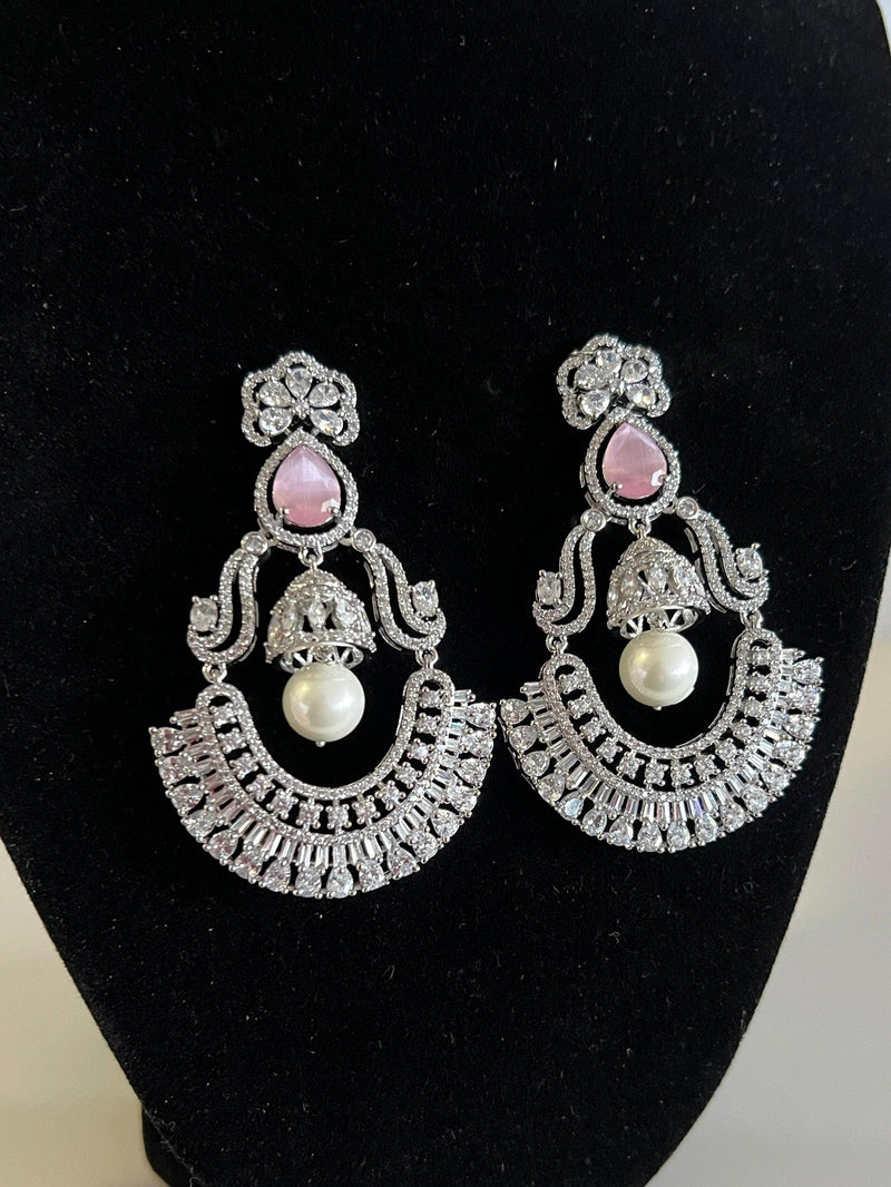 Handmade High Quality Sliver Dangler Earring with Baby Pink Stone | CZ Stone s  | Earring with Birds  | Modern Jewelry | Gift For Her - Kaash Collection