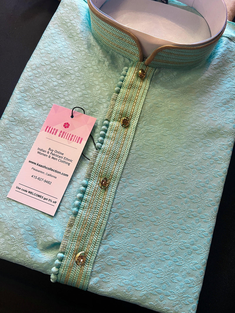 Sea Blue Color Raw Silk Men Kurta Pajama with Self Design Material | Mens Ethnic Wear |  Gift For Him | Men's Wedding Kurtas - Kaash Collection