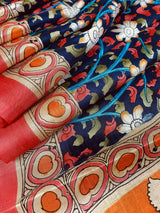 Dark Blue with Orange Pallu Multi-color design Printed design Soft Silk Saree | Kalamkari Prints | Kaash Collection - Kaash Collection