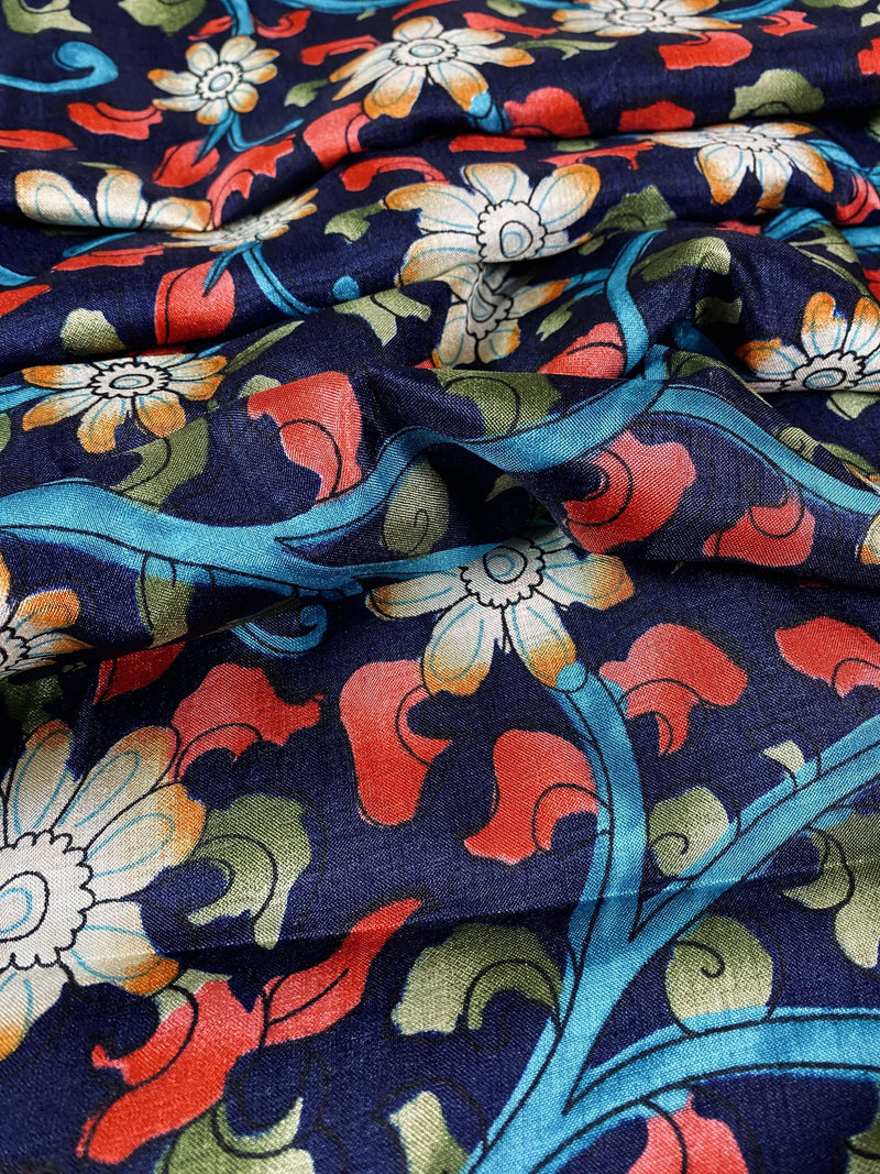 Dark Blue with Orange Pallu Multi-color design Printed design Soft Silk Saree | Kalamkari Prints | Kaash Collection - Kaash Collection