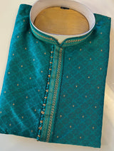 Teal Green Men Kurta Pajama with Self Design material with small Zari Weave butti | Mens Kurtas for Wedding, Receptions and Party | Kurtas For Men - Kaash Collection