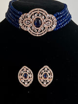 Bollywood Style Midnight Blue and Rose Gold Polish with CZ Necklace Earrings Choker Set in High Quality Beads and American Diamond - Kaash Collection