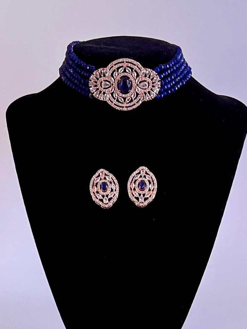 Bollywood Style Midnight Blue and Rose Gold Polish with CZ Necklace Earrings Choker Set in High Quality Beads and American Diamond - Kaash Collection
