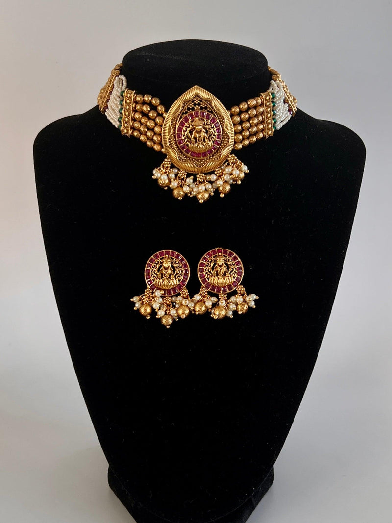 Handmade Antique Gold Finish Choker and Earrings Set with Laxhmi Image | Stones and Pearls | Choker Set | Indian Jewelry | Handmade Jewelry - Kaash Collection